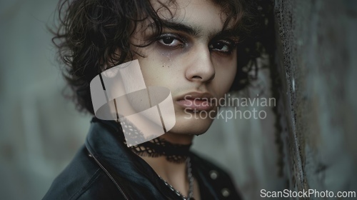 Image of Teen Latino Man with Brown Curly Hair Goth style Illustration.