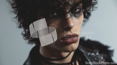 Image of Teen Latino Man with Brown Curly Hair Goth style Illustration.
