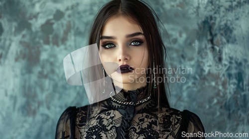 Image of Teen Latino Woman with Brown Straight Hair Goth style Illustration.
