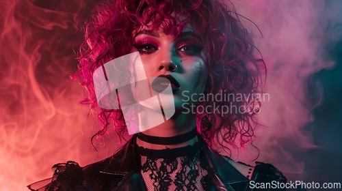 Image of Teen Latino Woman with Pink Curly Hair Goth style Illustration.