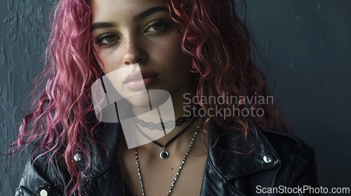 Image of Teen Latino Woman with Pink Curly Hair Goth style Illustration.