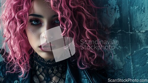 Image of Teen Latino Woman with Pink Curly Hair Goth style Illustration.