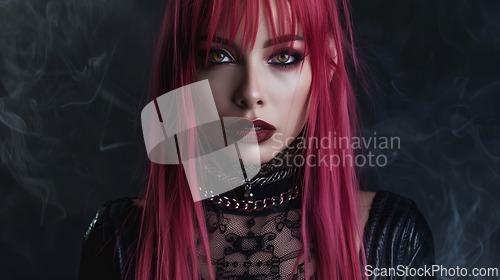 Image of Teen Latino Woman with Pink Straight Hair Goth style Illustration.