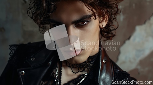 Image of Teen Persian Man with Brown Curly Hair Goth style Illustration.