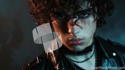 Image of Teen Persian Man with Brown Curly Hair Goth style Illustration.
