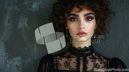 Image of Teen Persian Woman with Brown Curly Hair Goth style Illustration.