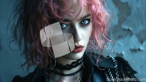 Image of Teen Persian Woman with Pink Curly Hair Goth style Illustration.
