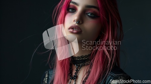 Image of Teen Persian Woman with Pink Straight Hair Goth style Illustration.