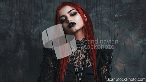 Image of Teen Persian Woman with Red Straight Hair Goth style Illustration.
