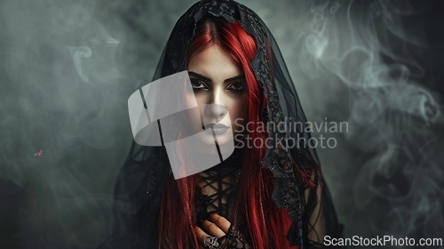 Image of Teen Persian Woman with Red Straight Hair Goth style Illustration.