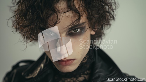 Image of Teen White Man with Brown Curly Hair Goth style Illustration.