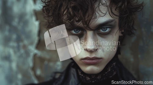Image of Teen White Man with Brown Curly Hair Goth style Illustration.