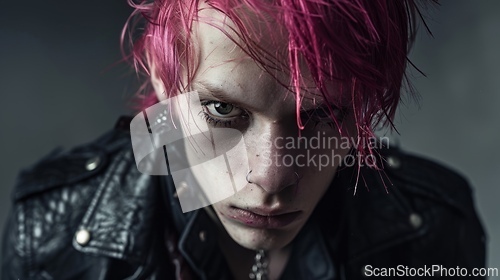 Image of Teen White Man with Pink Straight Hair Goth style Illustration.