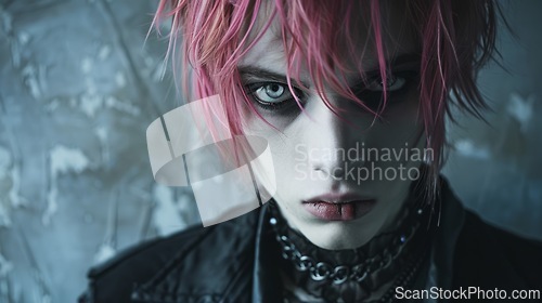 Image of Teen White Man with Pink Straight Hair Goth style Illustration.