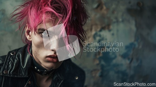 Image of Teen White Man with Pink Straight Hair Goth style Illustration.