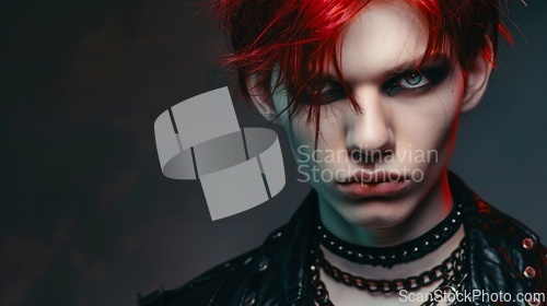 Image of Teen White Man with Red Straight Hair Goth style Illustration.