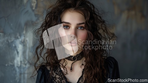 Image of Teen White Woman with Brown Curly Hair Goth style Illustration.
