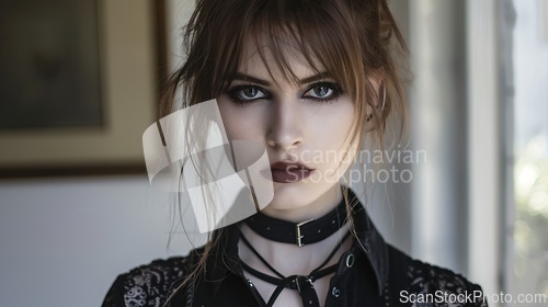 Image of Teen White Woman with Brown Straight Hair Goth style Illustration.