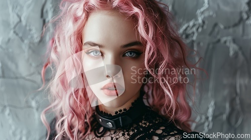 Image of Teen White Woman with Pink Curly Hair Goth style Illustration.