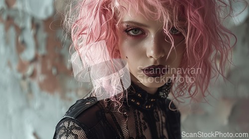 Image of Teen White Woman with Pink Curly Hair Goth style Illustration.