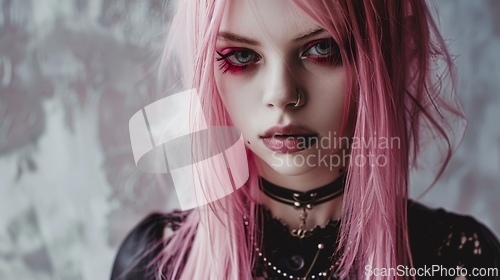 Image of Teen White Woman with Pink Straight Hair Goth style Illustration.