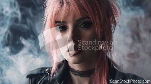 Image of Teen White Woman with Pink Straight Hair Goth style Illustration.