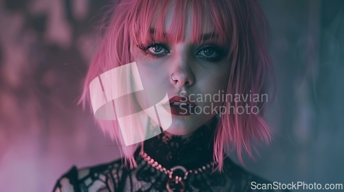 Image of Teen White Woman with Pink Straight Hair Goth style Illustration.