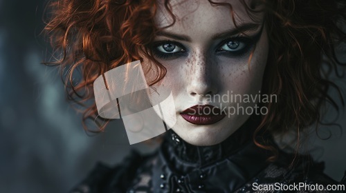 Image of Teen White Woman with Red Curly Hair Goth style Illustration.