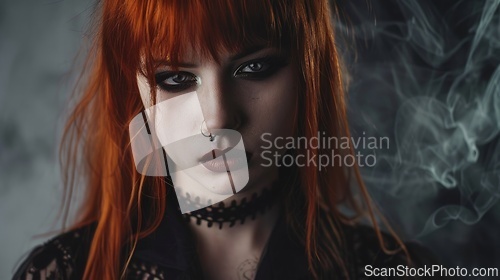 Image of Teen White Woman with Red Straight Hair Goth style Illustration.