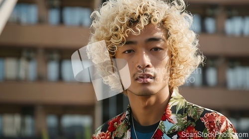 Image of Adult Chinese Man with Blond Curly Hair 1990s style Illustration.