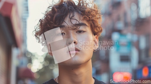 Image of Adult Chinese Man with Brown Curly Hair 1990s style Illustration.