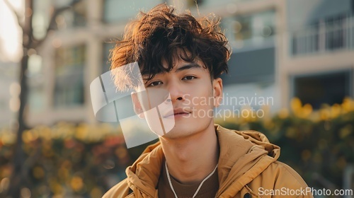 Image of Adult Chinese Man with Brown Curly Hair 1990s style Illustration.