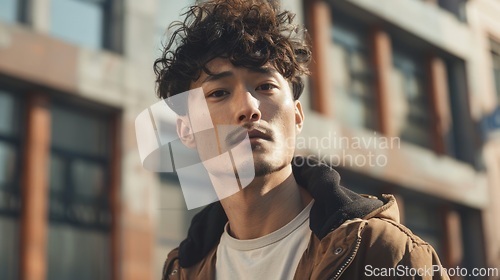 Image of Adult Chinese Man with Brown Curly Hair 1990s style Illustration.