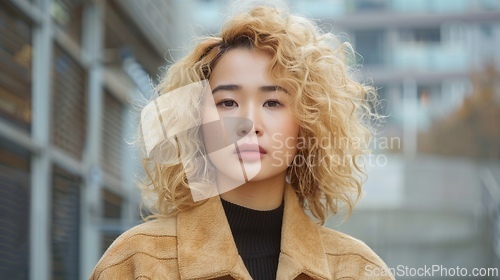 Image of Adult Chinese Woman with Blond Curly Hair 1990s style Illustration.
