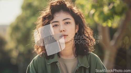 Image of Adult Chinese Woman with Brown Curly Hair 1990s style Illustration.