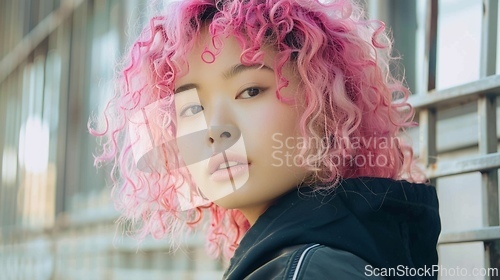 Image of Adult Chinese Woman with Pink Curly Hair 1990s style Illustration.