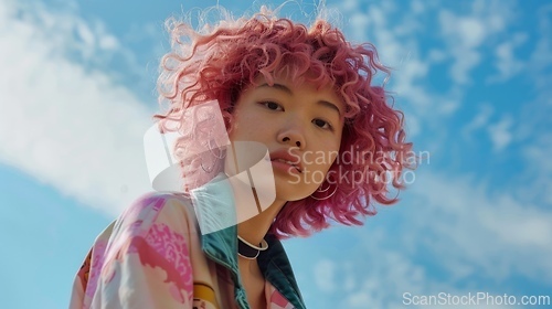 Image of Adult Chinese Woman with Pink Curly Hair 1990s style Illustration.