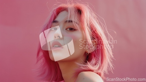 Image of Adult Chinese Woman with Pink Straight Hair 1990s style Illustration.
