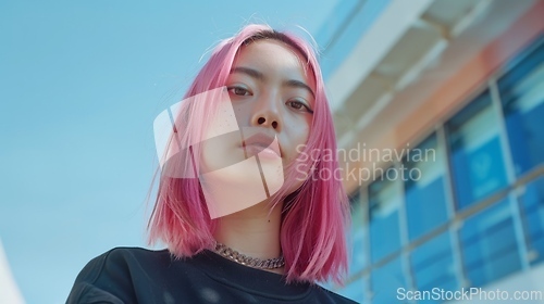 Image of Adult Chinese Woman with Pink Straight Hair 1990s style Illustration.