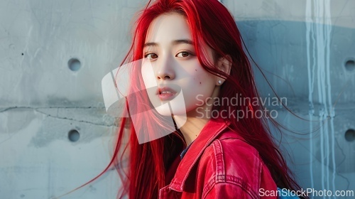 Image of Adult Chinese Woman with Red Straight Hair 1990s style Illustration.