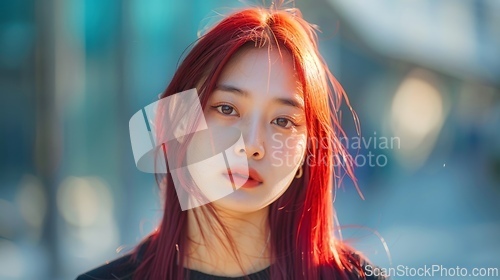 Image of Adult Chinese Woman with Red Straight Hair 1990s style Illustration.