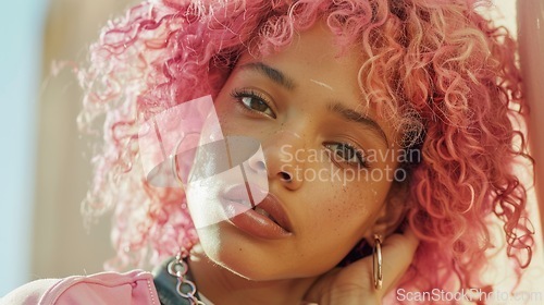 Image of Adult Black Woman with Pink Curly Hair 1990s style Illustration.