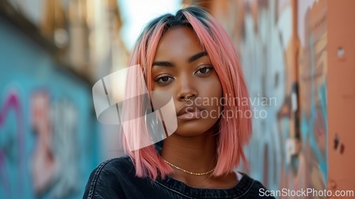 Image of Adult Black Woman with Pink Straight Hair 1990s style Illustration.