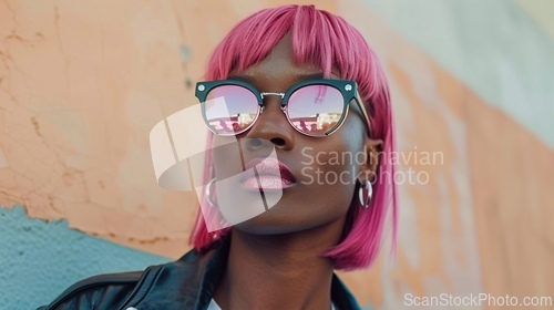 Image of Adult Black Woman with Pink Straight Hair 1990s style Illustration.