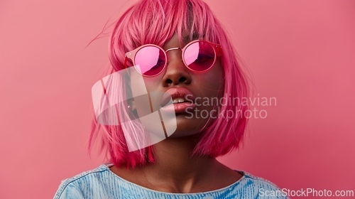 Image of Adult Black Woman with Pink Straight Hair 1990s style Illustration.