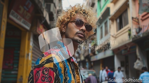 Image of Adult Indian Man with Blond Curly Hair 1990s style Illustration.