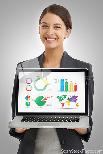 Image of Data, screen and business woman with laptop, analytics and graphs for global stock market statistics on grey background. Info, UX and dashboard with corporate revenue report in studio for research