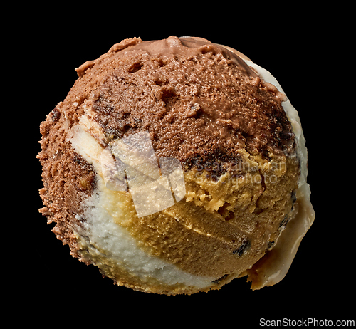Image of scoop of chocolate, caramel and vanilla ice cream