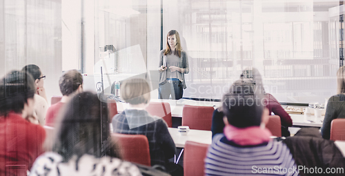 Image of Woman giving presentation on business conference event.