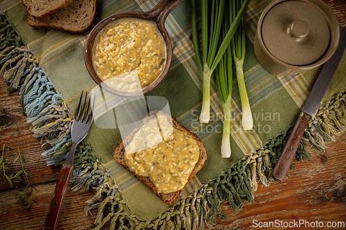Image of Top view of egg spread on toast bread